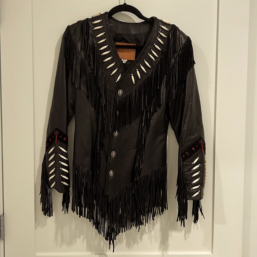 Motorcycle jacket/coat with gorgeous fringe and beading.